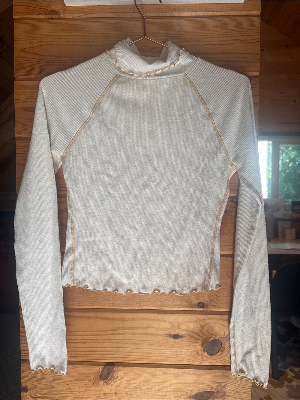 Urban Outfitters Cream Long-Sleeve Mock Neck Top with Gold Trim